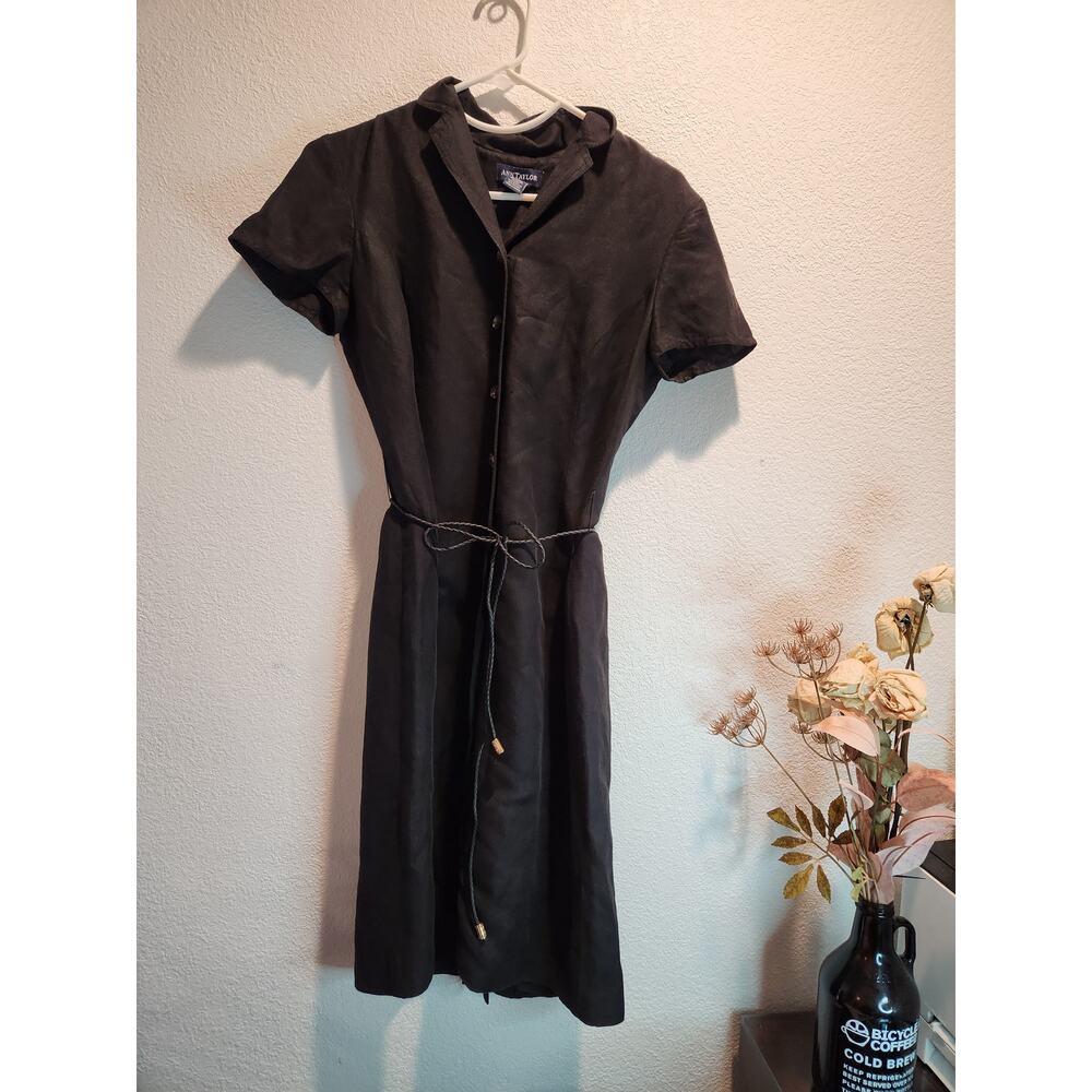 Vintage 90's Ann‎ Taylor Black Linen Shirt Dress with Tie Belt (Size 2)